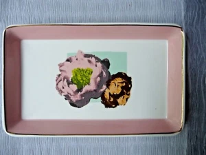 J.Crew Vanity Tray Porcelain 8.5x5 Peonies Muted Florals Peach Boarder RARE NICE - Picture 1 of 5
