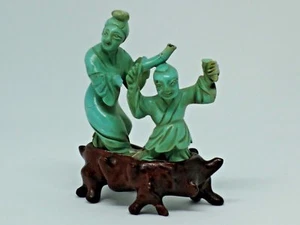 Antique chinese carved turquoise statue figures wood stand base Israel tax label - Picture 1 of 12
