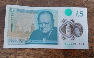 NEW POLYMER £5 NOTE. AB28 290404 (B'day/B'date 29.04.04 & Palindromic No's) - Picture 1 of 3