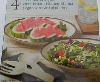 MELAMINE 4 PC SERVING SET PLATTER BOWL FORK SPOON CREAM/BROWN PARTY HOST NIB - Image 1 of 4