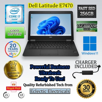 Dell Latitude E7470 14" FHD i7-6600U 16GB 256GB SSD Win 11 Pro Business Laptop - Image 1 of 4