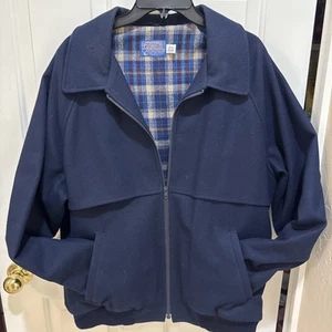 Vintage Pendleton 100% Virgin Wool navy Bomber Lined Jacket Plaid Lined Large - Picture 1 of 16