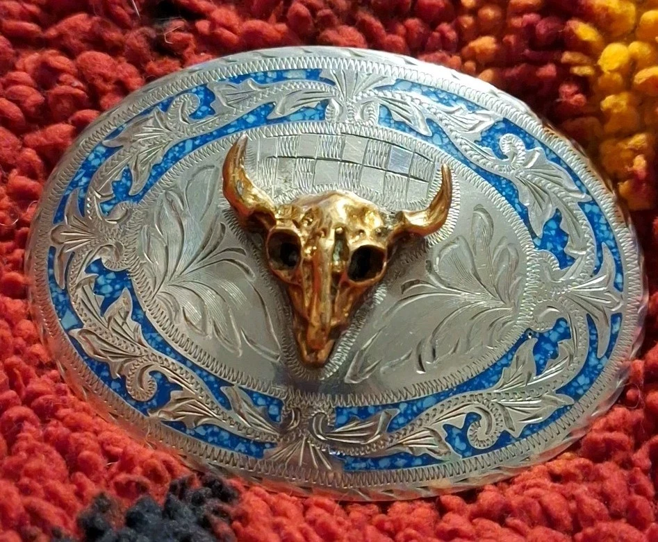 Бирюзовая Инкрустация Руль Бизон Череп Ремень Пряжка Редкая Винтажная 1970-е Альпака Серебро - Изображение 1 из 4