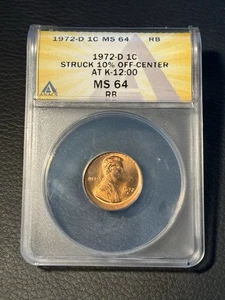 1972 D Lincoln Memorial Cent Mint Error ANACS Struck 10% Off Center MS 64 - Picture 1 of 4