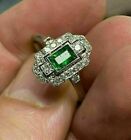 Art Deco Green Emerald Lab Created Diamond Valentines 14K White Gold Filled Ring