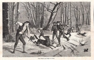 Caza de lobo con guadaña en nieve de invierno, grabado de la década de 1860 impresión antigua y artículo - Imagen 1 de 6