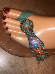 Pretty Ambre Babzoe Paris Flat Sandals Turquoise & Coral Beaded Beads Sz 40 9 US - Picture 1 of 12