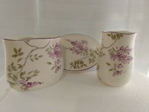 Toothbrush Holder,Cup,Soap Dish Ceramic/Porcelain w/hand painted purple flowers