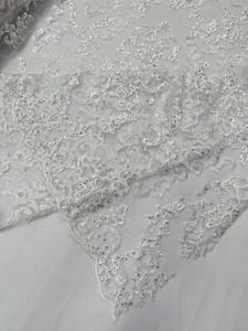 WHITE - Damask Beaded Lace/Sequin Embroider Lace Fabric - Sold by The Yard. - Picture 1 of 4