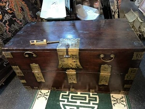 Antique Solid Wood Japanese Chest, Trunk With Really Unique Hardware And Lock - Picture 1 of 9