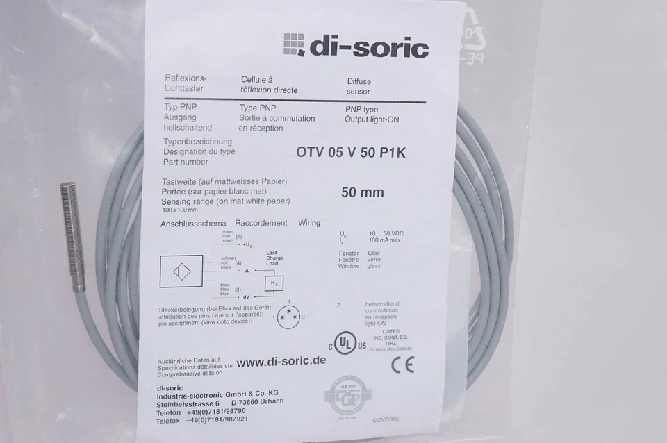 Di-Soric OTV 05 V 50 P1K Light Switch OTV05V50P1K M5, PNP, TW 50Mm New - Image 1 of 1