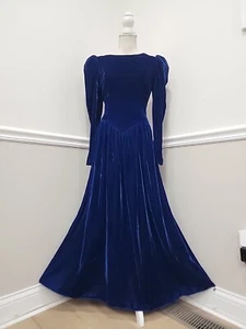 Vintage 80er royalblau Samt Ball formelles Abendkleid/Satin Schleife elegant - Bild 1 von 11
