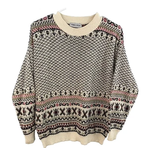 CABIN CREEK Sweater Men L Fair Isle Vintage Made USA Cream Multi Holliday Knit - Picture 1 of 20