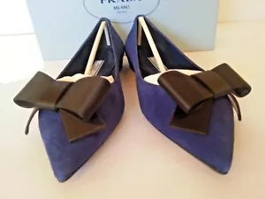 NEW Prada Pointy Bow Flat Ballet Pump Navy Suede /Black Bow 36.5 / 6.5 US - Picture 1 of 8