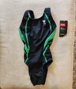 TYR Girls Swimwear SIZE 20 Performance Durafast Max Fit NWT Black and green - Picture 1 of 14