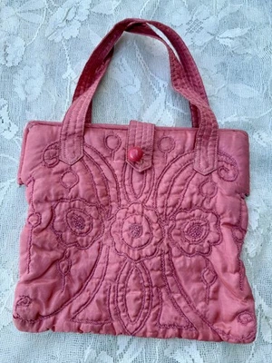 "Bolso de Viaje Vintage Años 50 Rosa Acolchado Tafetán Forro Verde 9"" x 8""" Foto 1 de 4