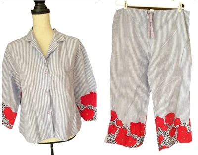 Natori Josie 100% Cotton Pajama Set button Up Long Sleeve/Pants Loungewear L - Image 1 of 4