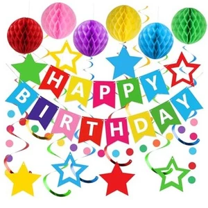 Birthday Decorations, Happy Birthday Banner with Honeycomb Balls, Stars - Picture 1 of 8
