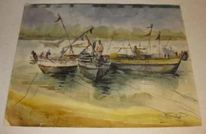 AUFGELISTETES ZEITGENÖSSISCHES INDISCHES GEMÄLDE FLUSSGANGES BOOTE - Bild 1 von 1