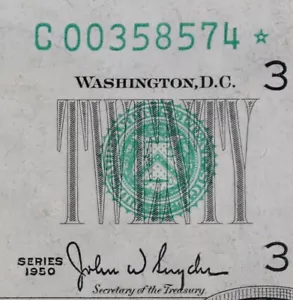 $20 1950 Star AU+ Federal Reserve Note C00358574* twenty $ plain series Phila. - Picture 1 of 3