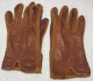 Vintage tabakbraune Handschuhe gehäkelt verbunden Leder Doeskin Damen 7 Autofahren - Bild 1 von 3