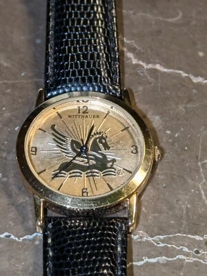 Vtg NOS Longines Wittnauer gold tone PEGASUS quartz watch Ladies 30mm black band - Image 1 of 4