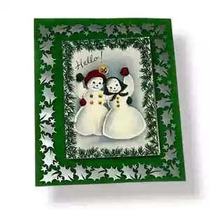 Hello Two Schneemann grün Vintage Weihnachtskarte EBX - Bild 1 von 4
