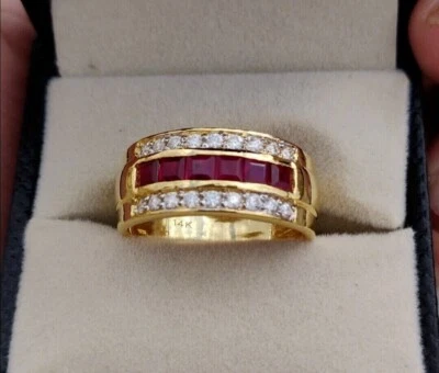 Princess 0.87Ct Natural Red Ruby & Diamond Men's Wedding Band 14K Yellow Gold - Image 1 of 4