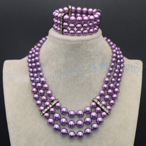 3Rows South Sea Multicolor Shell Pearl Round Beads Necklace Bracelet Jewelry Set