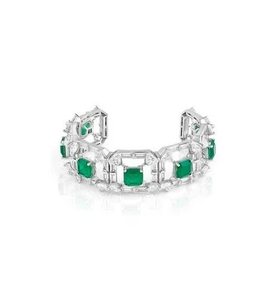 39.65TCW Cushion Emerald & Baguette Sapphire Halo Style Party Were Cuff Bracelet - Image 1 of 4