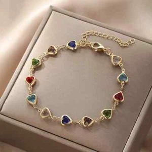 Colorful Crystal Love Heart Charm Bracelet Elegant Beaded Jewellery for Women - Picture 1 of 4