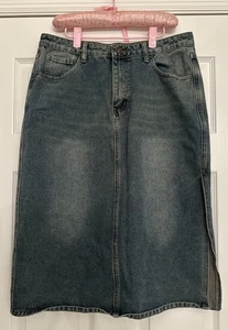 Angel Kiss Womens Midi Denim Straight Skirt Slit Women’s Sz L 90s Style Retro - Picture 1 of 7