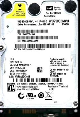 WD2500BMVU-11A04S0 S/N:WXF0A DCM:HHCTJAB WESTERN DIGITAL 250GB THAILAND MAR 2011 - Image 1 of 2