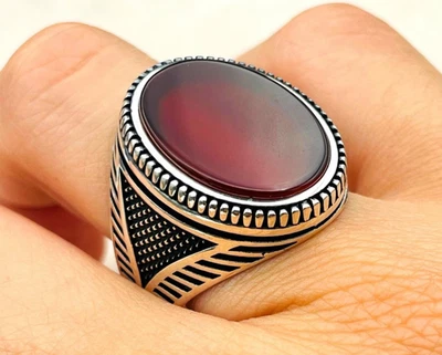 Anillo de plata de ley 925 simulada piedra roja hecho a mano regalo para hombre Foto 1 de 4