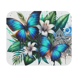 Butterfly Mouse Pad Blue Floral Tropical Design Desk Mat Computer Accessory Y2K - Picture 1 of 4