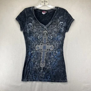 Damen y2k Top Glitzer Cross Washed Out Grau Blau Rock Biker Grunge Dünn Small - Bild 1 von 15