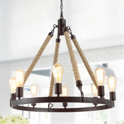 Wagon Wheel Chandelier Rustic Rope Steampunk Loft Light Farmhouse Lodge Cabin - Image 1 of 4