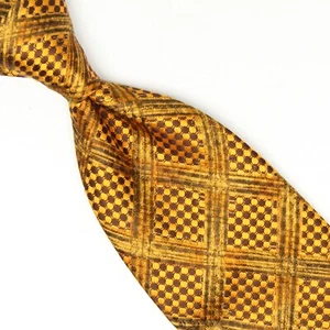 Ermenegildo Zegna Mens Silk Necktie Tonal Gold Copper Plaid Check Woven Tie - Picture 1 of 7