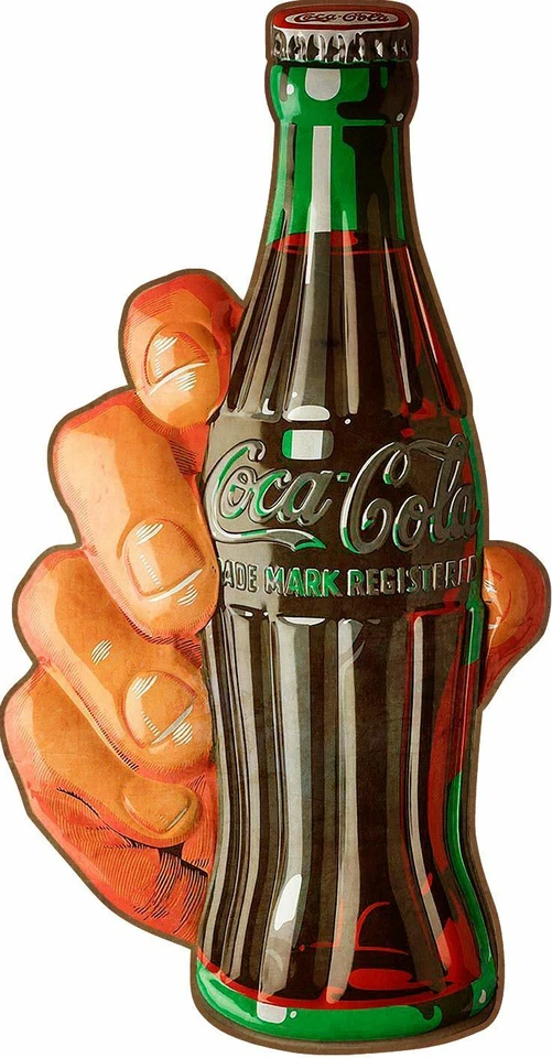 COCA COLA HAND HOLDS COKE BOTTLE 19" HEAVY DUTY USA MADE METAL ADVERTISING SIGN - Image 1 of 1