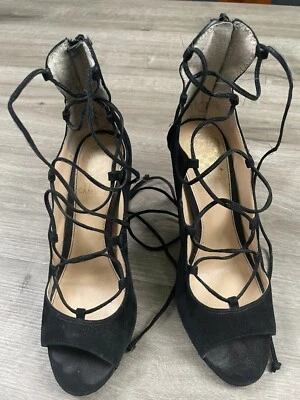 Vince Camuto Heels Womens Size 6 M Sandria Black Suede Open Toe Lace Up - Image 1 of 4