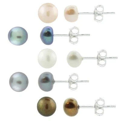 5 Pair Multi Color Cultured Freshwater Pearl 925 Silver Stud Earring Set - Image 1 of 4