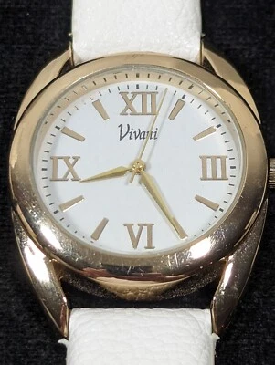 Vivani White Dial Gold Tone Round Case White Faux Leather Band Watch 8 Inch - Image 1 of 4