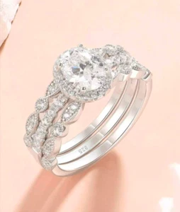 Women's 2 CT Princess 3 Piece Engagment Set Clear CZ 925 Silver Ring Size 8 - Picture 1 of 2