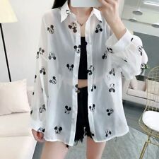 Women's Mickey Mouse Print Long Sleeve Tops Loose Fit White Blouse Casual Shirt