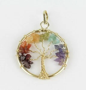 Fair Trade Chakra Tree Gemstone Hippy Tribal Brass Pendant 35mm Diameter - Picture 1 of 3