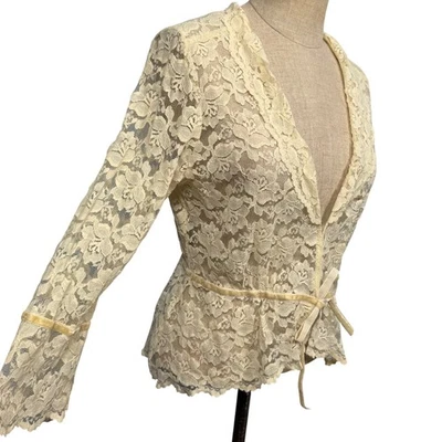 Y2K Nicole Cream M Lace Floral Cardigan Top Velvet Bow Dainty Peasant Coquette - Image 1 of 4