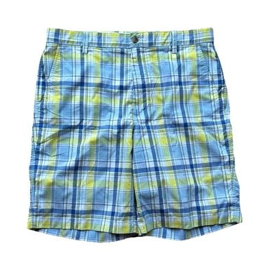 Shorts de golfe masculino FJ FootJoy azul amarelo xadrez leve tamanho 34 logotipo - Imagem 1 de 4