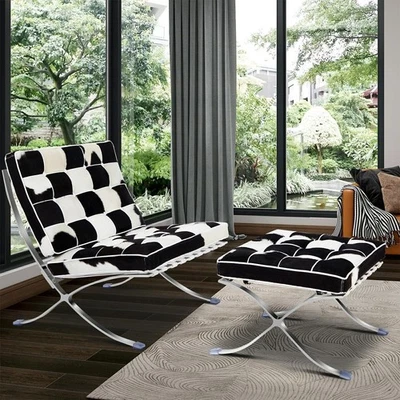 Mid-century Lounge Chair Horsehair Fur Leather Cushion With Ottoman Foldable - Image 1 of 4