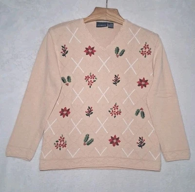 Suéter Liz Claiborne Liz Tejido Deportivo Medio Tostado Algodón Poinsettia Acebo Baya Foto 1 de 4