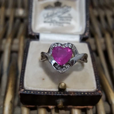 Anel de prata esterlina 925, anel de coração de safira rosa natural, tamanho R EUA 8,5 - Imagem 1 de 4